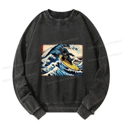 Tokyo-Tiger Dinosaur Surfing Japanese Washed Sweatshirt