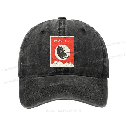 Tokyo-Tiger Cute Black Cat Japanese Washed Cap