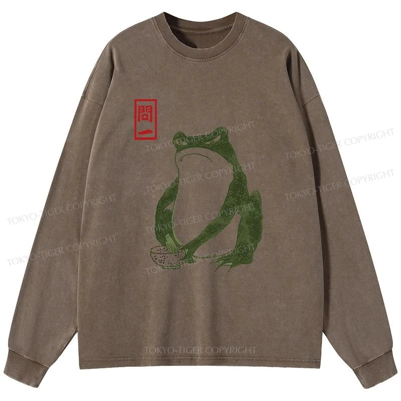 Tokyo-Tiger Woodblock Print Frog Washed Long Sleeve T-Shirt