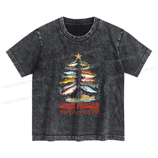 Tokyo-Tiger Christmas Tree Fish Kids Washed T-Shirt