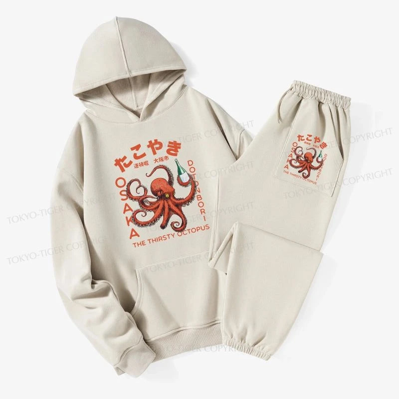 Tokyo-Tiger Octopus Drinks Soju Fleece Lined Hoodie Set