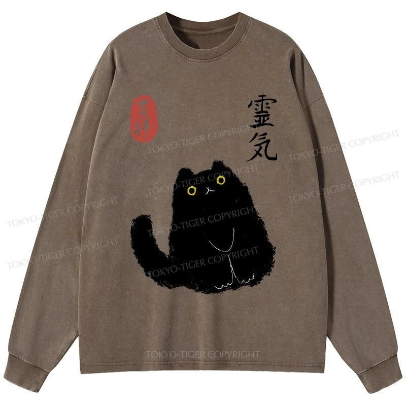 Tokyo-Tiger Black Civet Cat Washed Long Sleeve T-Shirt