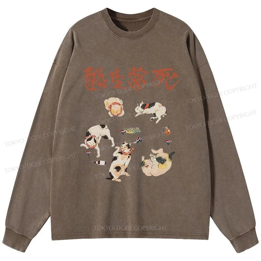 Tokyo-Tiger Drunken Cats Washed Long Sleeve T-Shirt