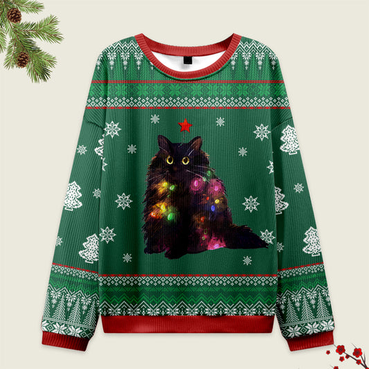 Tokyo-Tiger Lights Cat Japanese Green Christmas Ugly Sweater