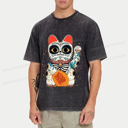 Tokyo-Tiger Skeleton Lucky Cat Washed T-Shirt