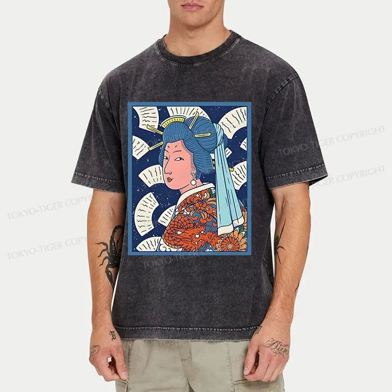 Tokyo-Tiger Ukiyoe Girl With Pearl Earring Washed T-Shirt