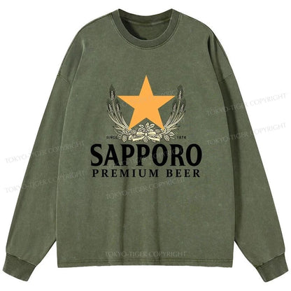 Tokyo-Tiger Sapporo Beer Logo Japanese Washed Long Sleeve T-Shirt