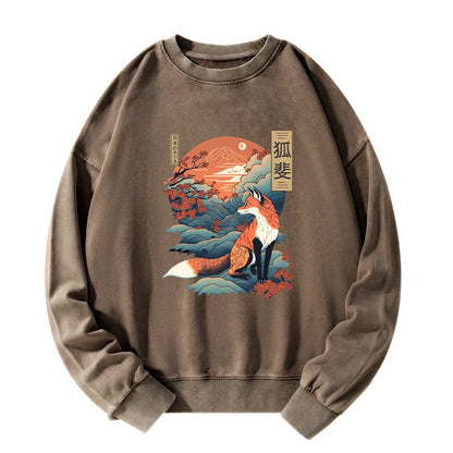 Tokyo-Tiger Japanese Kitsune Fox Sakura Washed Sweatshirt