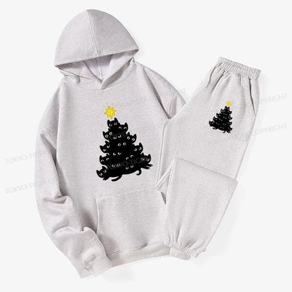 Tokyo-Tiger Black Cat Christmas Tree Fleece Lined Hoodie Set