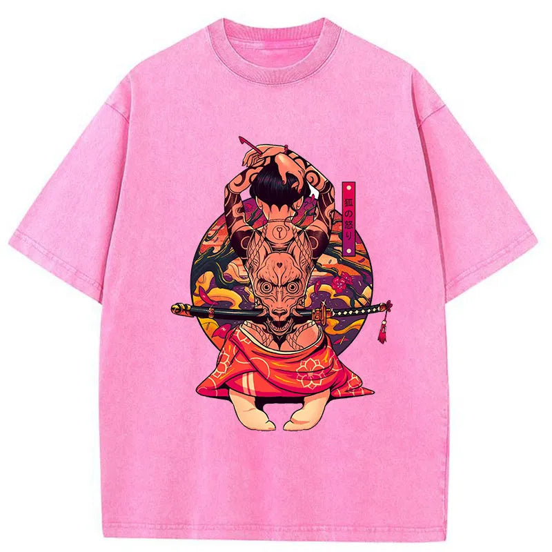 Tokyo-Tiger Kitsune Fury Tattoo Samurai Washed T-Shirt