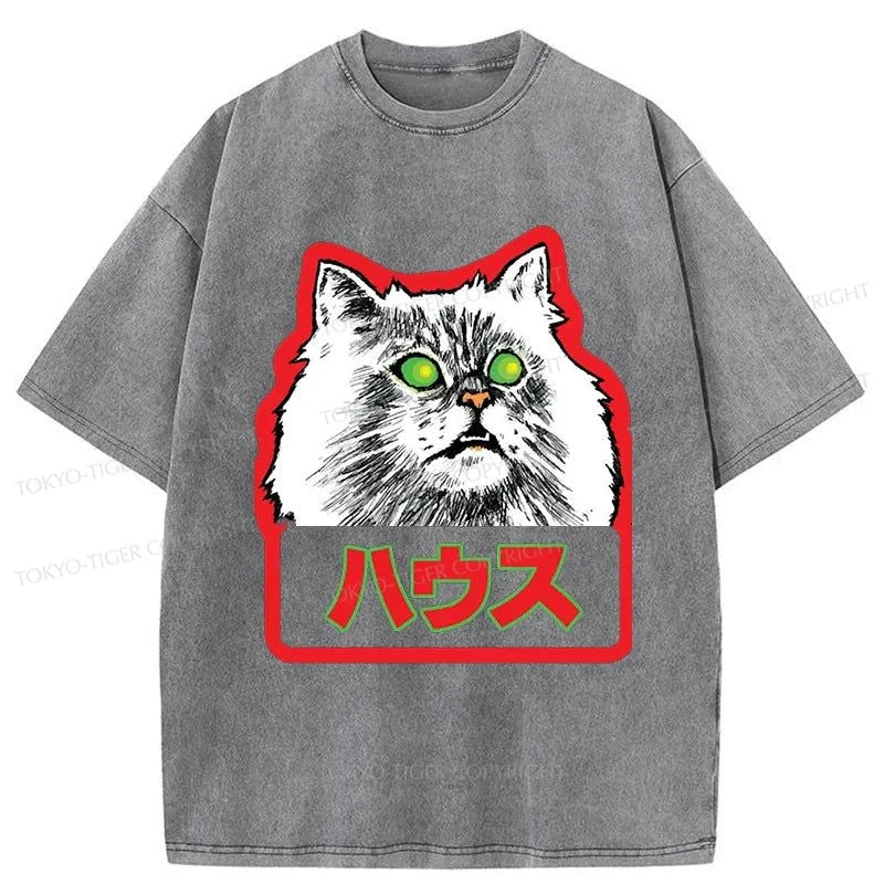 Tokyo-Tiger Residential White Cat Japanese Washed T-Shirt