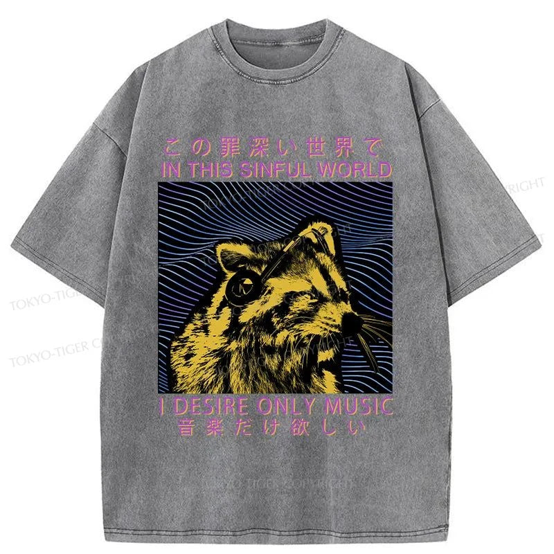 Tokyo-Tiger Raccoon Listening To Music Washed T-Shirt