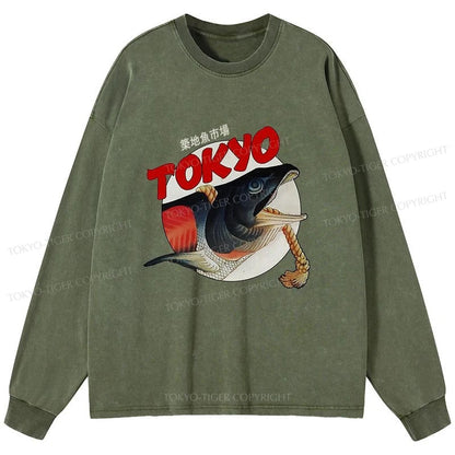 Tokyo-Tiger Vintage Japanese Tsukiji Fish Market Washed Long Sleeve T-Shirt