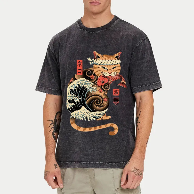 Tokyo-Tiger Catana Wave Cat Tattooed Samurai Art Washed T-Shirt