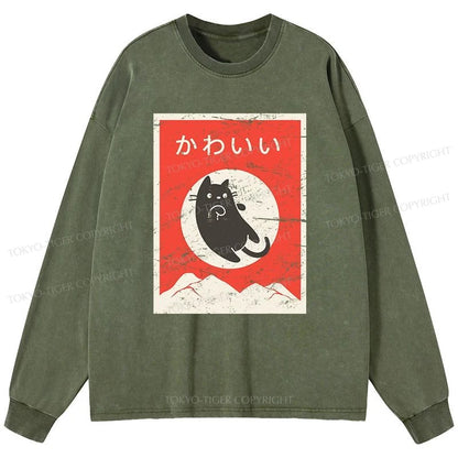 Tokyo-Tiger Cute Black Cat Japanese Washed Long Sleeve T-Shirt