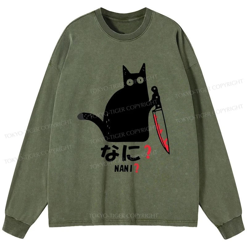 Tokyo-Tiger A Puzzled Cat Holding A Knife Washed Long Sleeve T-Shirt