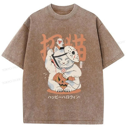 Tokyo-Tiger Halloween Cat Maneki Neko Japanese Washed T-Shirt