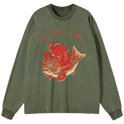 Tokyo-Tiger Octopus And Koi Dance Together Washed Long Sleeve T-Shirt