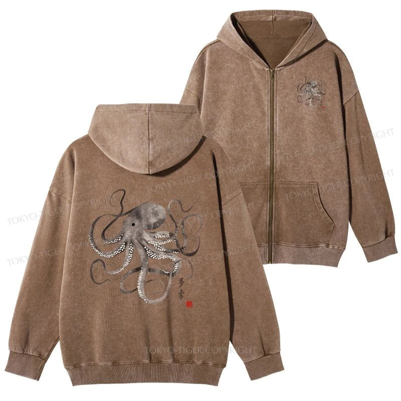 Tokyo-Tiger Octopus Japanese Calligraphy Washed Zip Hoodie