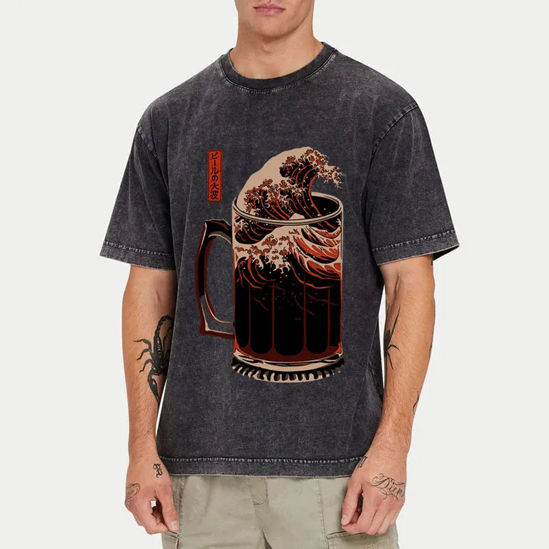 Tokyo-Tiger The Great Wave Off Beer Japanese Washed T-Shirt