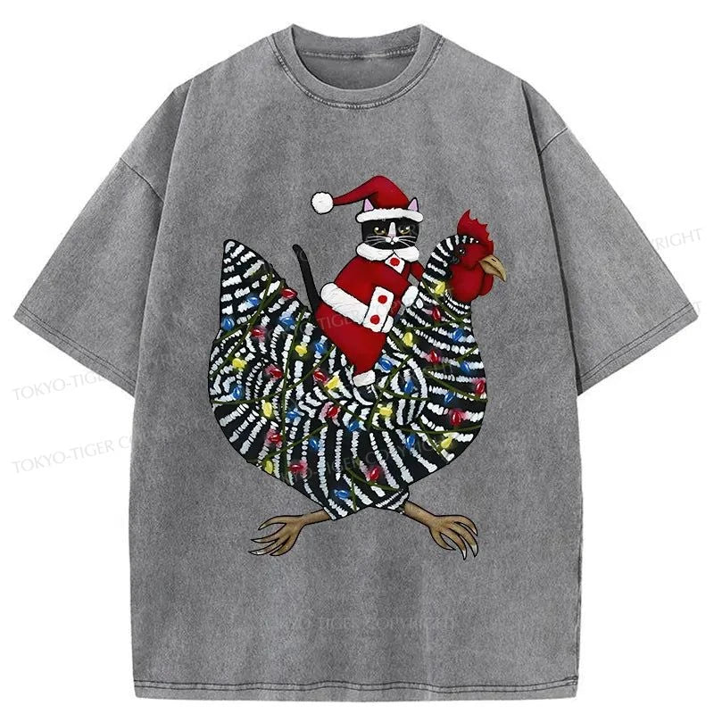 Tokyo-Tiger Christmas Cat Riding Chicken Washed T-Shirt