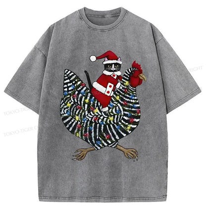 Tokyo-Tiger Christmas Cat Riding Chicken Washed T-Shirt