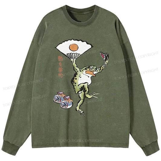 Tokyo-Tiger Dancing Frog Japanese Washed Long Sleeve T-Shirt