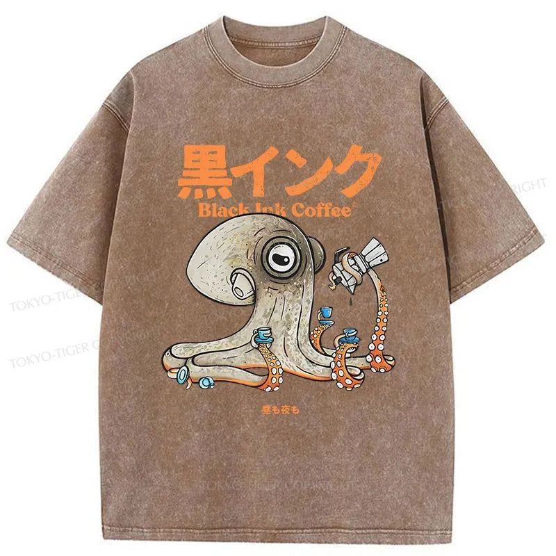 Tokyo-Tiger Octopus Drinks Black Coffee Washed T-Shirt