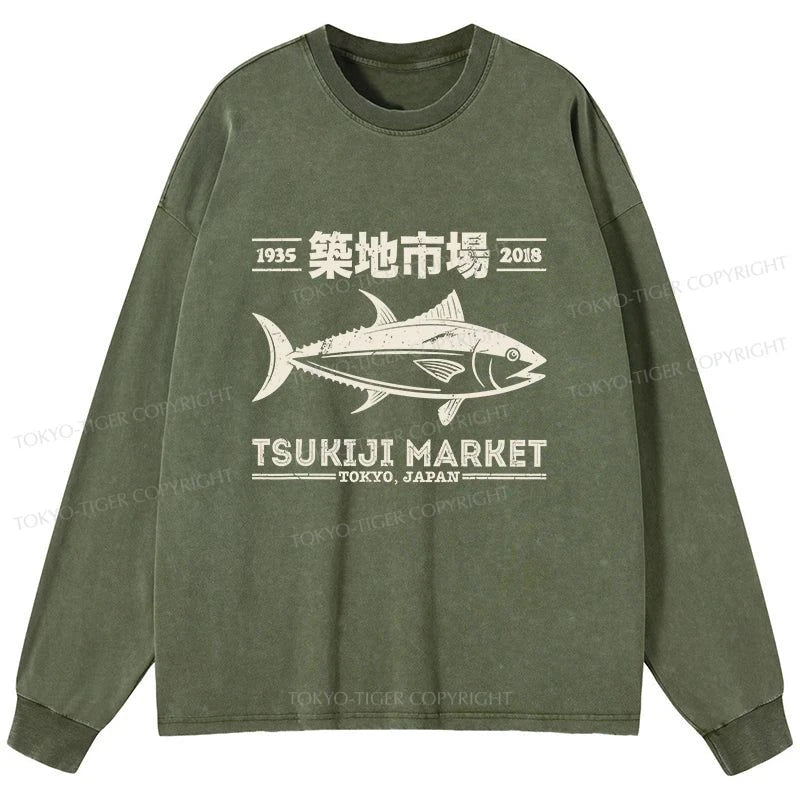 Tokyo-Tiger Retro Tsukiji Fish Market Streetwear Tokyo Washed Long Sleeve T-Shirt