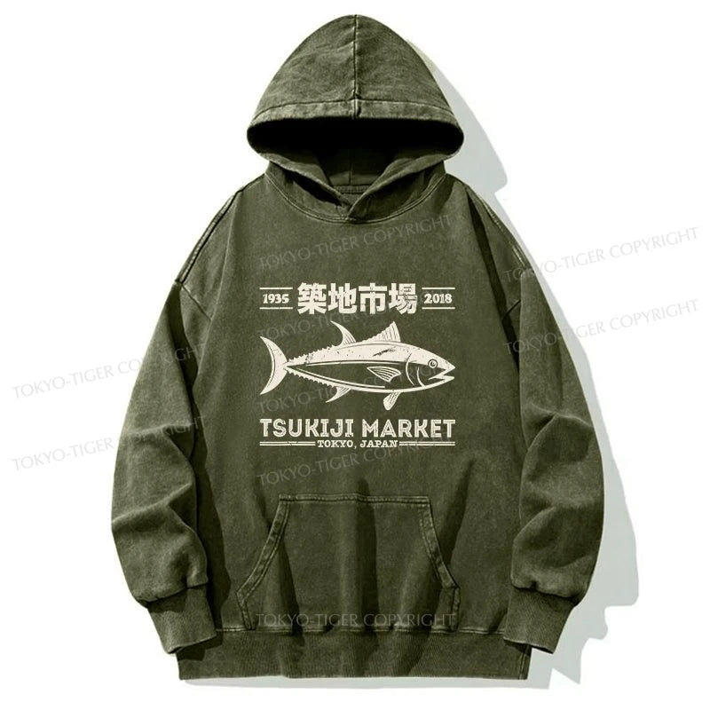 Tokyo-Tiger Retro Tsukiji Fish Market Streetwear Tokyo Washed Hoodie