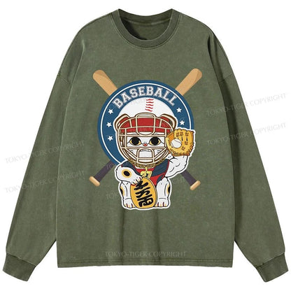 Tokyo-Tiger Janpaese Baseball Cat Washed Long Sleeve T-Shirt