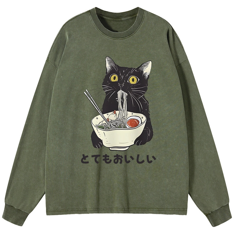 Tokyo-Tiger Cats Eat Ramen Noodles Washed Long Sleeve T-Shirt