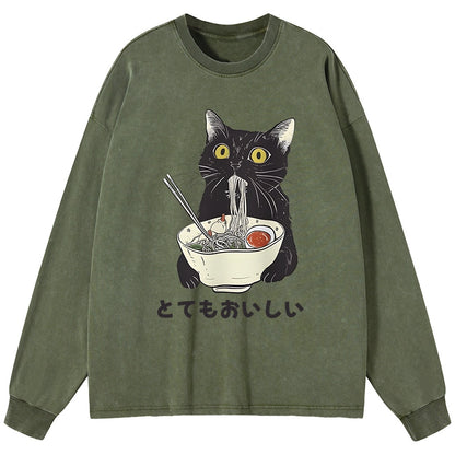 Tokyo-Tiger Cats Eat Ramen Noodles Washed Long Sleeve T-Shirt