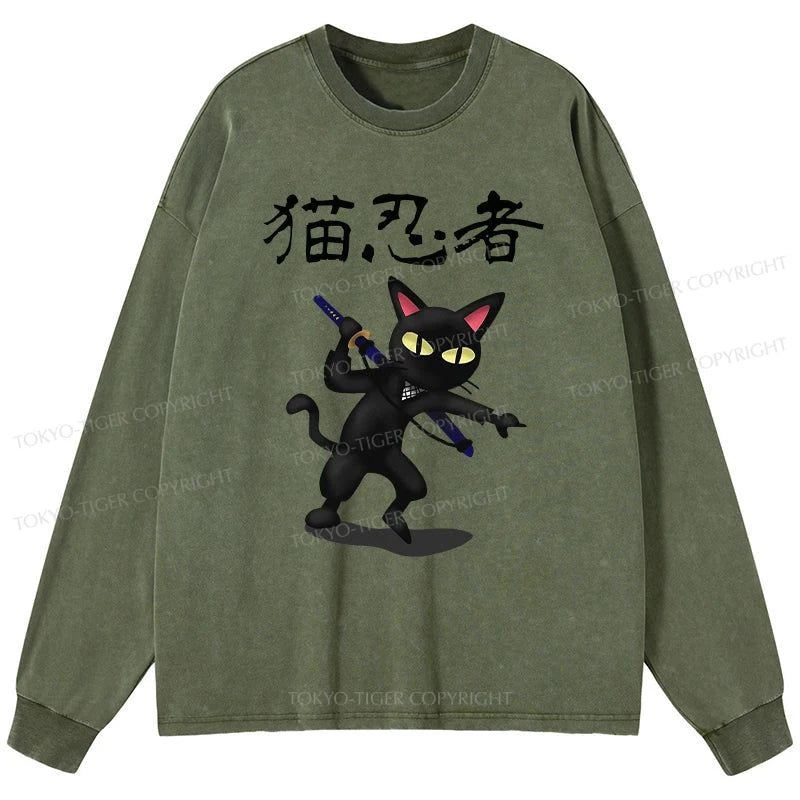 Tokyo-Tiger Ninja Cat Washed Long Sleeve T-Shirt