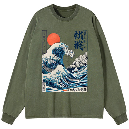 Tokyo-Tiger Ukiyo-e Ocean Waves Japan Washed Long Sleeve T-Shirt