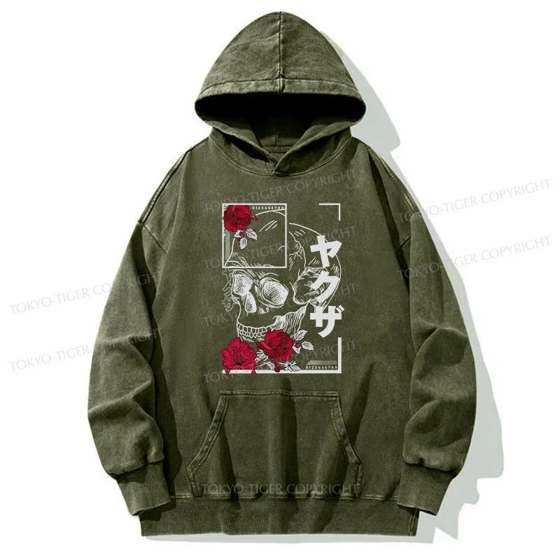 Tokyo-Tiger Skull Roses Japanese Aesthetic Washed Hoodie