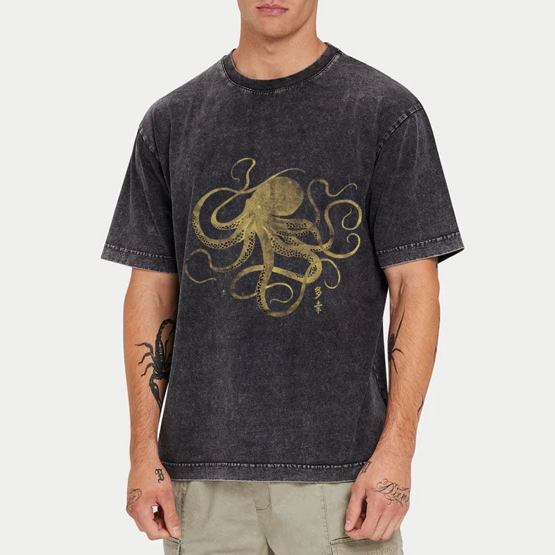 Tokyo-Tiger Octopus Japanese Gold Print Tattoo Washed T-Shirt