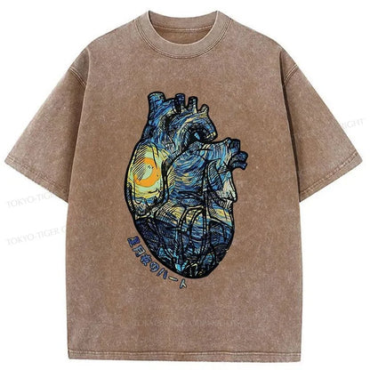 Tokyo-Tiger Van Gogh Starry Night Sky Heart Japanese Washed T-Shirt