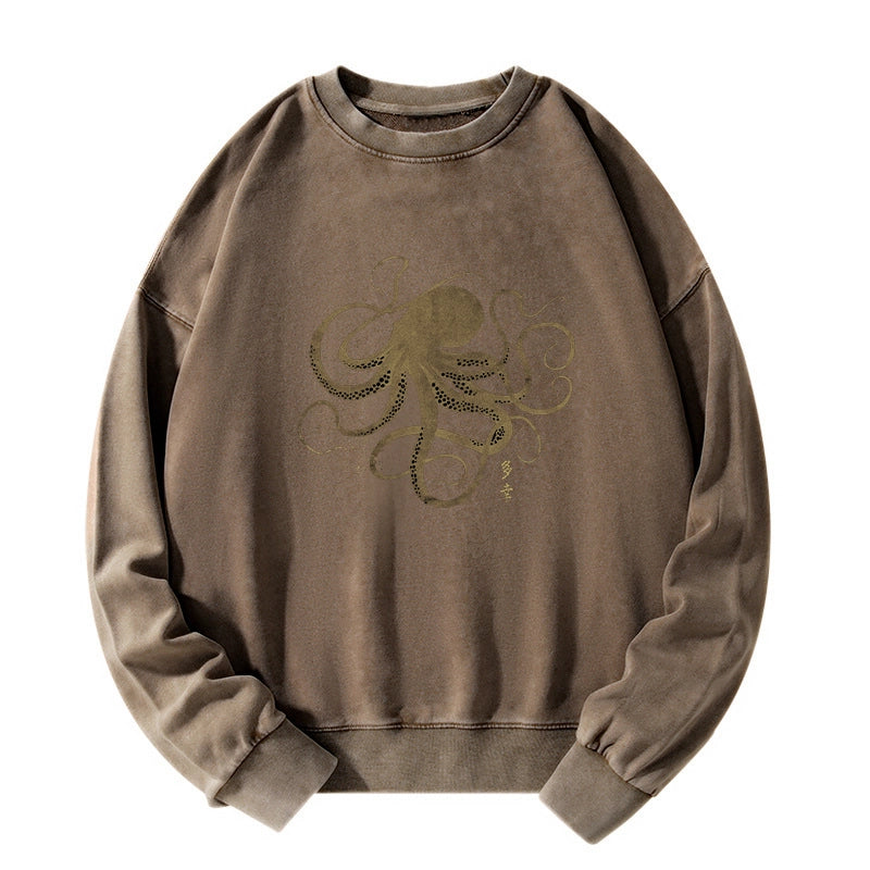 Tokyo-Tiger Octopus Japanese Gold Print Tattoo Washed Sweatshirt