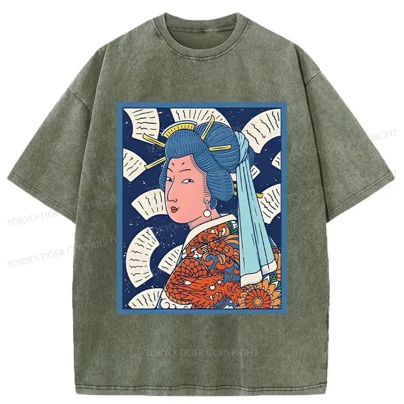 Tokyo-Tiger Ukiyoe Girl With Pearl Earring Washed T-Shirt