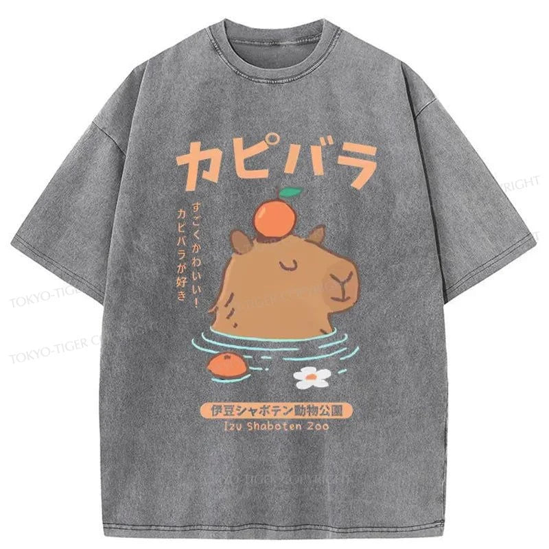 Tokyo-Tiger Capybara Soaking In Hot Springs Washed T-Shirt