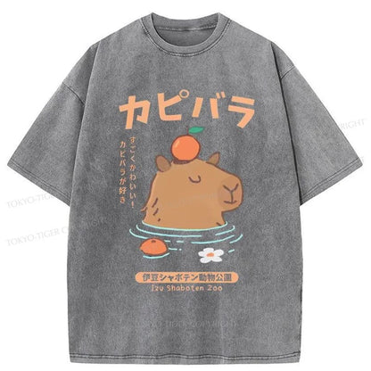 Tokyo-Tiger Capybara Soaking In Hot Springs Washed T-Shirt