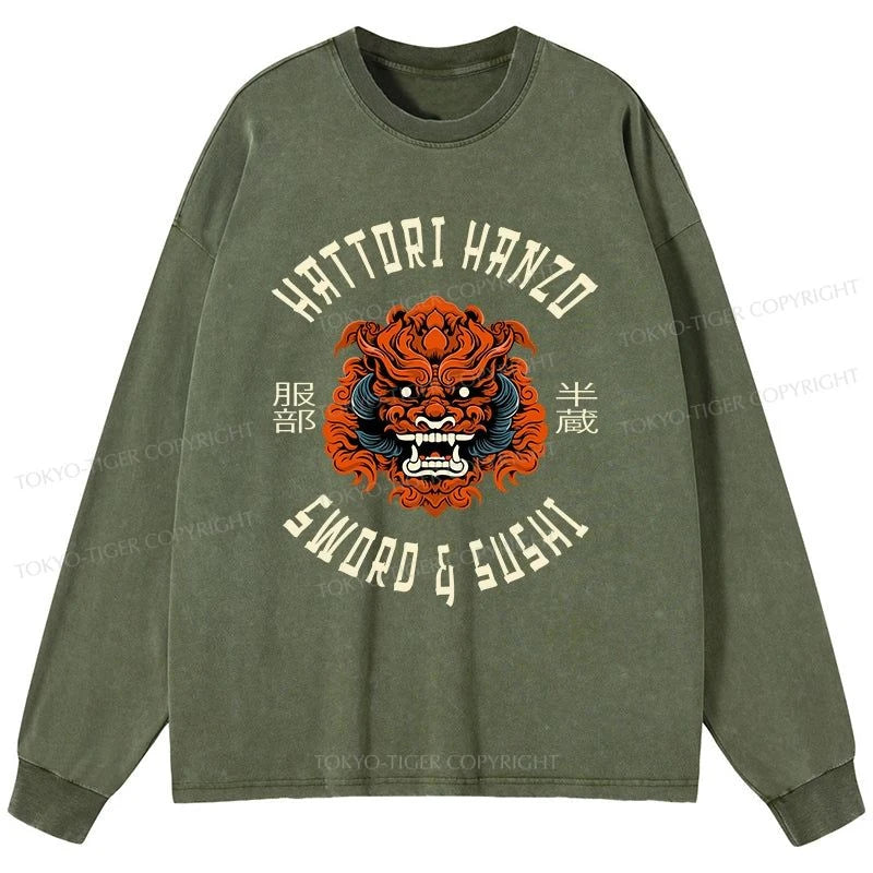 Tokyo-Tiger Japanese Hattori Hanzo Prints Washed Long Sleeve T-Shirt