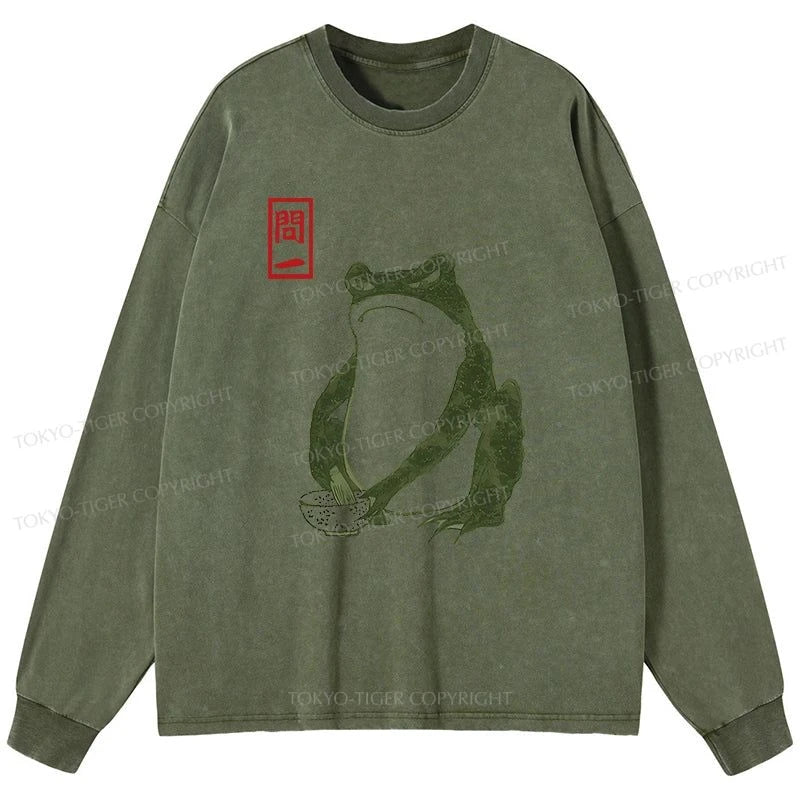 Tokyo-Tiger Woodblock Print Frog Washed Long Sleeve T-Shirt