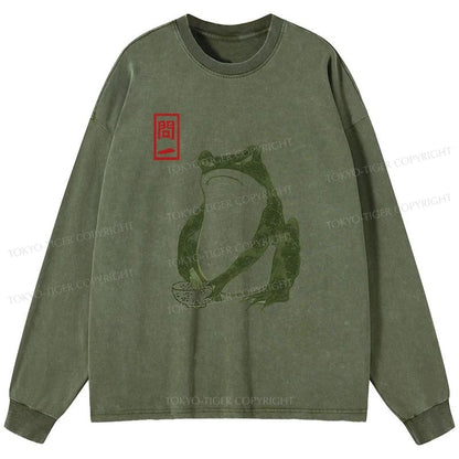 Tokyo-Tiger Woodblock Print Frog Washed Long Sleeve T-Shirt