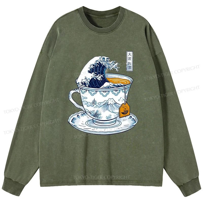 Tokyo-Tiger The Great Kanagawa Tea Wave Washed Long Sleeve T-Shirt