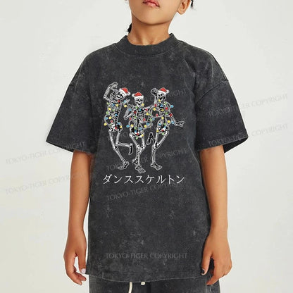 Tokyo-Tiger Skeleton Dancing Christmas Kids Washed T-Shirt