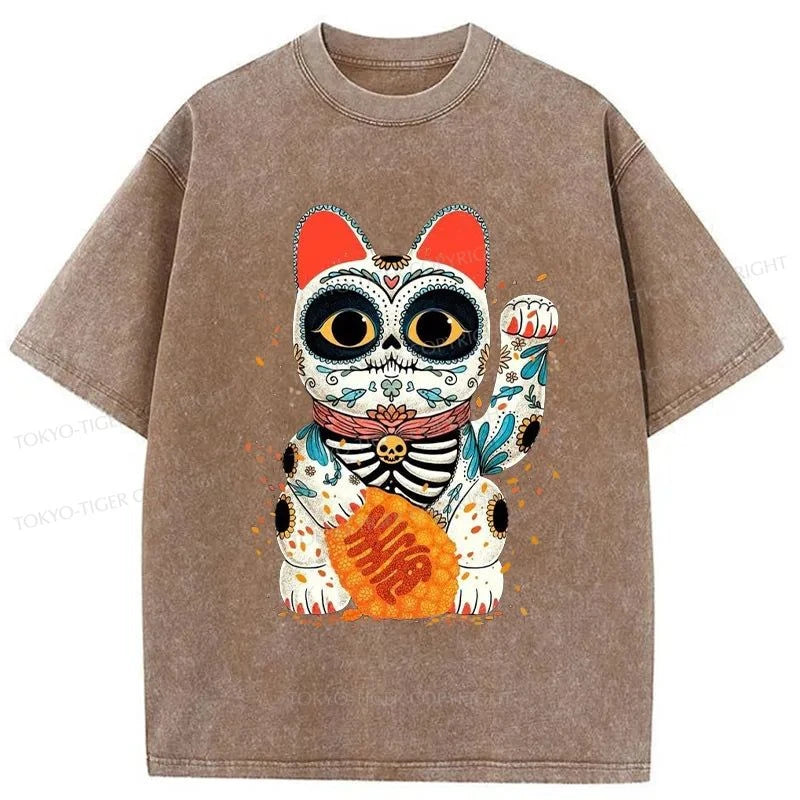 Tokyo-Tiger Skeleton Lucky Cat Washed T-Shirt