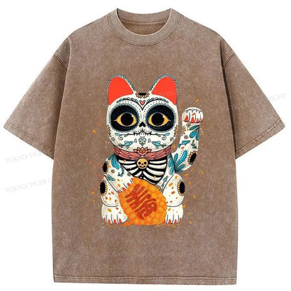 Tokyo-Tiger Skeleton Lucky Cat Washed T-Shirt