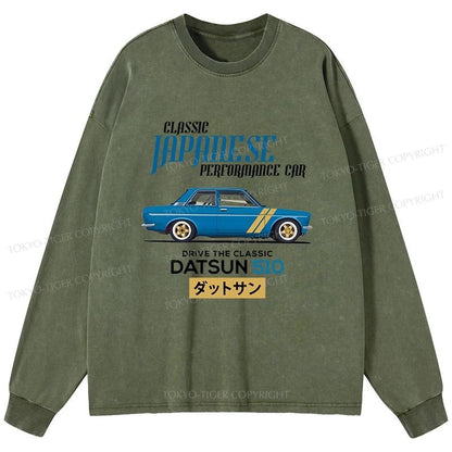 Tokyo-Tiger Datsun 510 - Classic Japanese Car Washed Long Sleeve T-Shirt